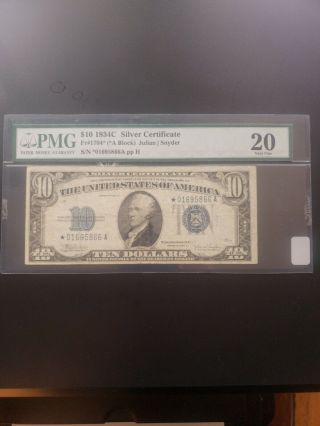 Fr.  1704 1934 - C $10 Silver Certificate Star Currency Note Pmg Vf - 20 Rare