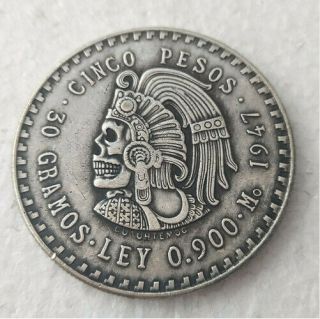 Rare Hobo Nickel 1947 Mexico Peso Myan Skull Skeleton Casted Coin Mexican