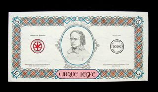 1993 Italy Lega Nord Separatist Movement Rare Banknote 5 Leghe Unc Gioberti