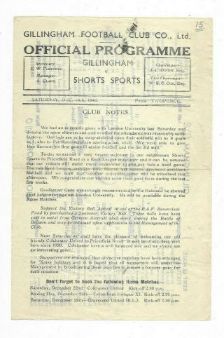 1945/46 Kent League - Gillingham V.  Shorts Sports (rare Single Sheet Issue)
