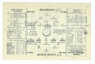 1945/46 Kent League - GILLINGHAM v.  SHORTS SPORTS (rare single sheet issue) 2
