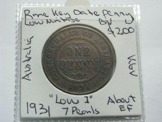 Australia 1931 Low 1 Penny Coin King George V Rare Low Mintage Pearls & Ef A61