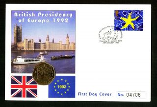 Gb Qeii Pnc Coin Cover 1992 British Presidency Of Europe 50p Unc Rare