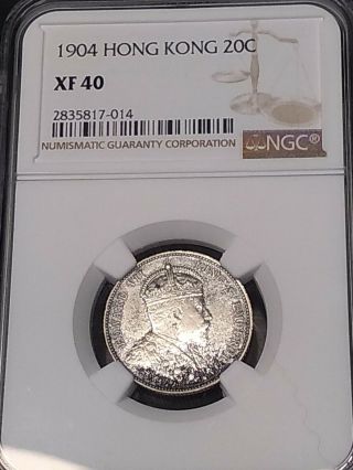 1904 Hong Kong 20 Cents Km 14 Silver Coin,  Ngc Rated Xf 40 Rare Coin