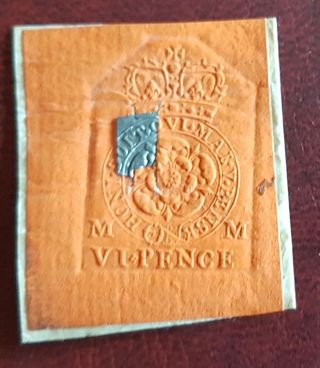 Rare 18th Century Orange Embossed Revenue,  Sixpence.  Georgian Cypher