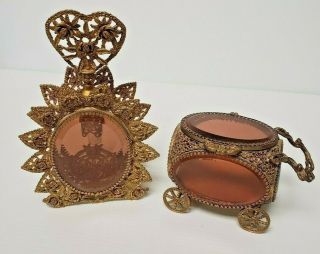 Rare Matson Brass Ormolu Filigree Carriage Casket Jewelry Box,  Perfume Bottle