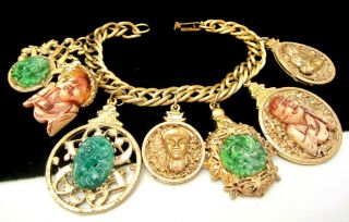 Rare Vintage 7 - 1/2 " X1 - 1/2 " Signed Florenza Goldtone Buddha Charm Bracelet A43