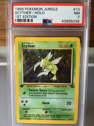 1st Edition Scyther Holo Rare 1999 Wotc Pokemon Card Jungle Set Psa 7