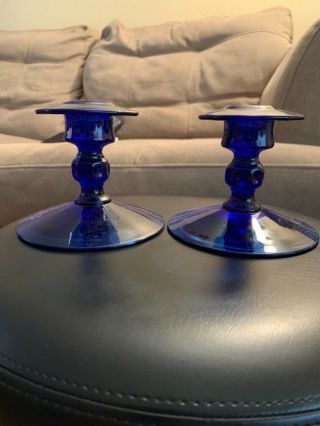 Vintage Rare Pair Cambridge Glass 672 Royal Blue Candlestick Holders