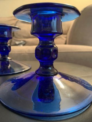 Vintage RARE Pair Cambridge Glass 672 Royal Blue Candlestick Holders 6
