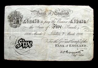 1936 England Great Britain Rare Banknote 5 Pounds Vf