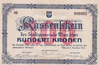 100 Kronen Very Fine Banknote From Austria/wien 1918 Rare