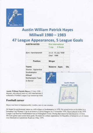 Austin Hayes Millwall 1980 - 1983 Rare Hand Signed Cutting/card