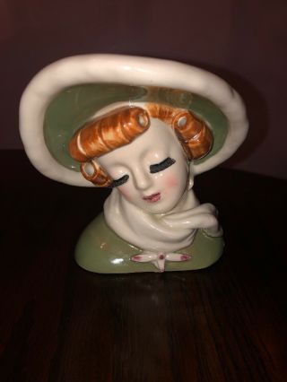 Rare Vintage Lefton ? Lady Head Vase Wall Pocket Green Bonnet Cottage S239c