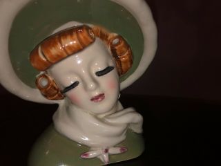 Rare Vintage Lefton ? Lady Head Vase Wall Pocket Green Bonnet Cottage S239C 2
