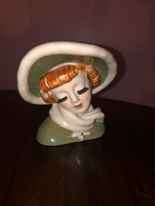 Rare Vintage Lefton ? Lady Head Vase Wall Pocket Green Bonnet Cottage S239C 8