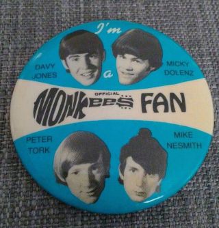 Vintage The Monkees Official Fan Club Blue Button Pin Authentic Rare Memorabilia