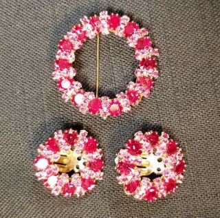 Signed Weiss Vintage Pink & Red Rhinestone Wreath Brooch & Clip On Earrings Rare