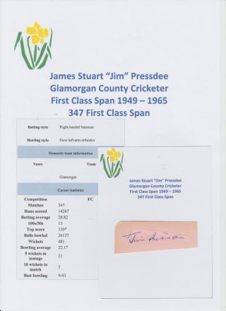 Jim Pressdee Glamorgan County Cricketer 1949 - 1965 Rare Orig Hand Signed Cutting
