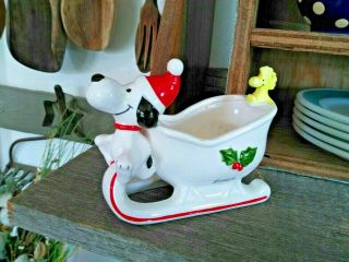 Rare Vintage Peanuts Santa Snoopy Woodstock Christmas Sleigh Ceramic Planter