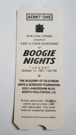 Rare 1997 Boogie Nights Movie Promo Premiere Ticket - Mark Wahlberg Dirk Diggler