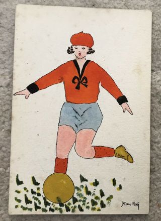1920s Women’s Football Art Deco Style Watercolour Postcard Rare Signed
