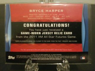 RARE 2011 Bowman Bryce Harper SSP RC Game Worn All - Star Futures Jersey Rookie 2