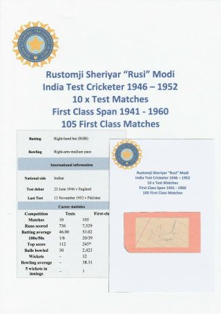 Rusi Modi India Test Cricketer 1946 - 1952 Rare Autograph