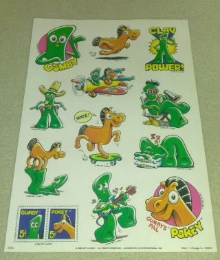 Rare Vintage Gumby And Pokey Self Adhesive Stickers 1 Sheet 1983