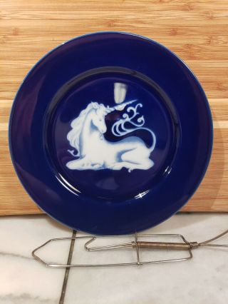 Rare Vintage Unicorn Plate Cobalt Blue Glaze Takahashi Made In Japan W/ Hanger.