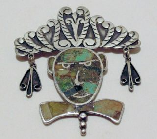 Rare Signed Martinez Mexican Sterling Silver Figural / Tribal Pin Brooch,  Inlaid