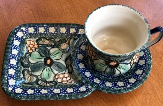 Tea Cup Set Rare Polish Pottery Boleslawiec Unikat Signed By Artist D.  Westurek