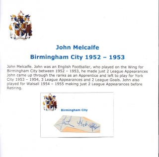 John Melcalfe Birmingham City 1952 - 1953 Rare Hand Signed Card.  Good