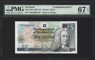 2002 Scotland 5 Pounds Royal Bank Qeii Commem,  Pmg 67 Epq Gem Unc,  P - 362 Rare