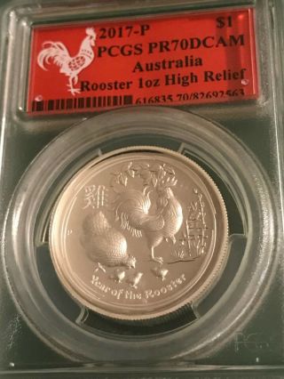 Extremely Rare Pcgs Pr - 70dcam High Relief Australia 2017p Rooster 1 Oz.  9999 Sil