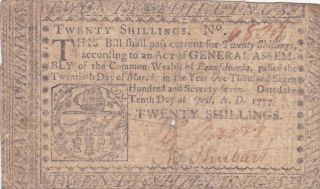20 Shillings Vg Banknote From Philadelphia 1777 Rare Colonial Note Pick - S2586