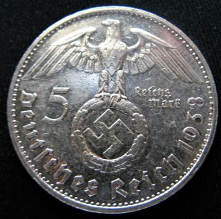 X - Rare 1938g Big 5 Mark 90 Silver Bullion German Swastika Nazi Germany Ww2 Coin