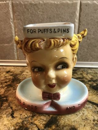 Vintage Ceramic Young Girl With Pigtails Head Figurine - Rare