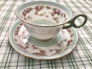 Rare Shelley Pink Rose Buds And Green Trim Cup & Saucer Unique Handle