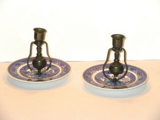 2 Royal China Blue Willow Ware Brass Weighted Candle Holders Rare - Hard To Find
