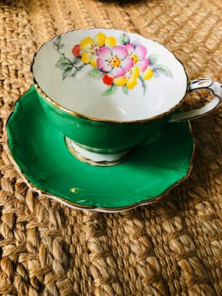 Rare Hand Painted Green Paragon England Bone China Tea Cup & Saucer Vintage