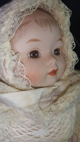 Vintage Sankyo Porcelain Baby Doll Pull String Music Box Rare 1980 Glass Eyes