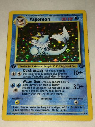 Old Vintage Wotc Pokemon Card 1st Edition Jungle Rare Holo Vaporeon 12/64 Lp