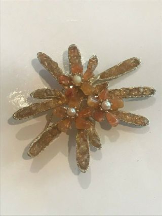 Vintage Swoboda Signed Encrusted Citrine Pearl Flower Brooch Pin Rare