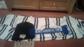 Rare Leeds United Nutmeg Mills Woollen Hat Plus Scarves From 1990s