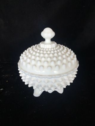 Vintage Fenton Hobnail Milk Glass Covered Dish Footed Rare Stamped 3874 Euc