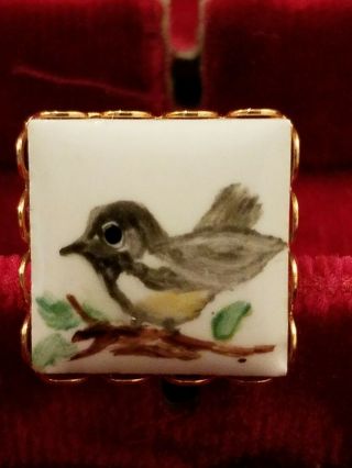 Vintage Rare Cufflinks Hand Painted Birds On Porcelain Gold Tone Square