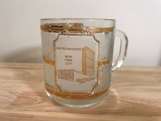 RARE United Nations UN York City Gold Trimmed Frosted Glass Coffee Mug Cup 2