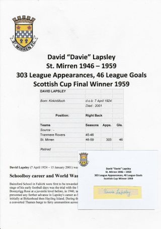 Davie Lapsley St.  Mirren 1946 - 1959 Rare Hand Signed Cutting/card