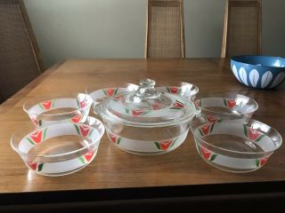 Pyrex Casserole 8 - Piece Rare Htf Frosted Red Tulip Pyrex Set